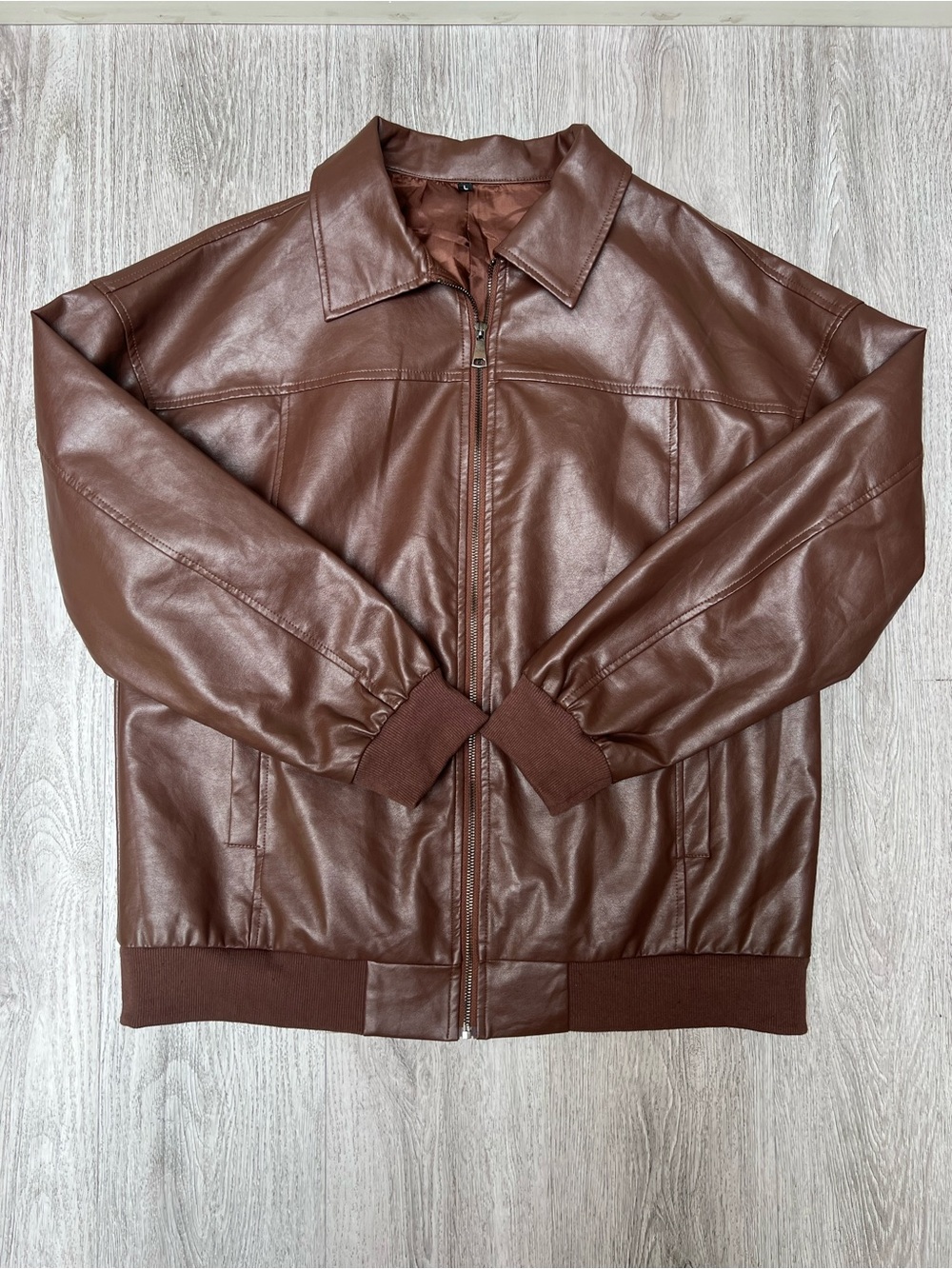 Amazon Essentials Brown Faux Leather Bomber Jacket